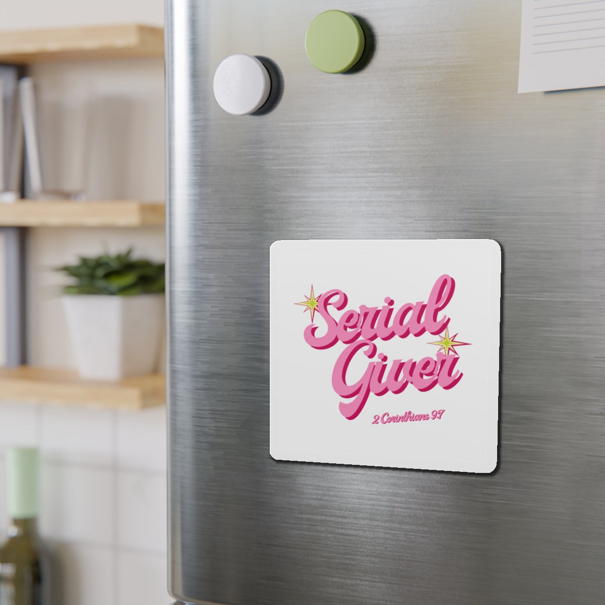 Serial Giver Pink Retro Script Magnet — 2 Corinthians 9:7 Die-Cut Magnet