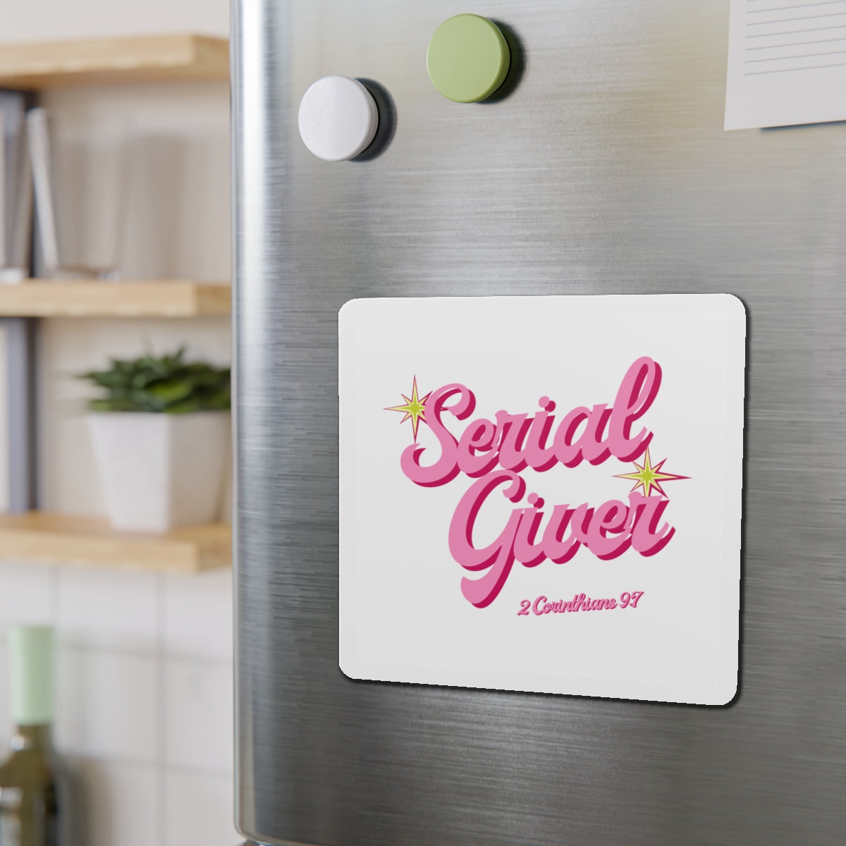 Serial Giver Pink Retro Script Magnet — 2 Corinthians 9:7 Die-Cut Magnet