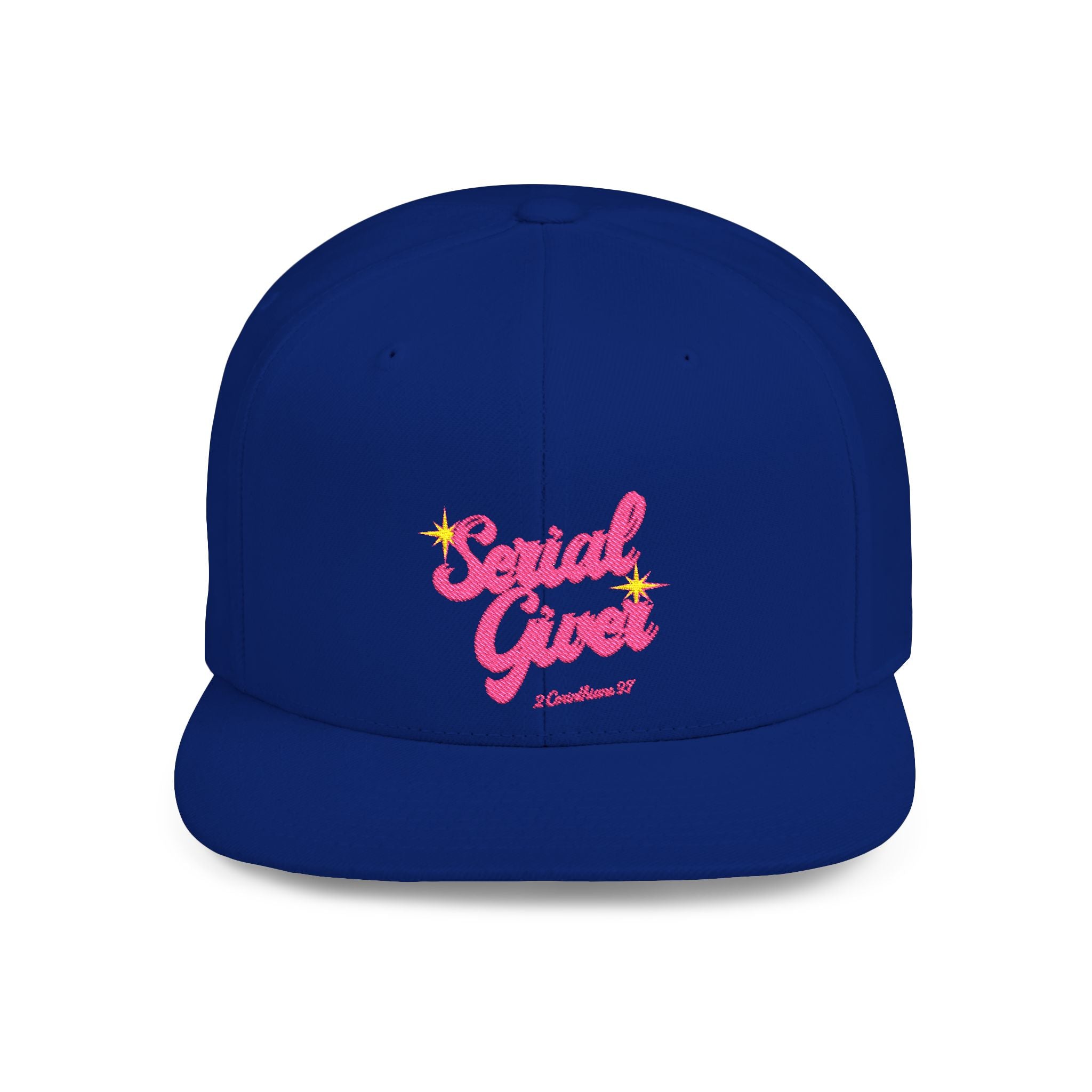 Serial Giver Snapback Hat — "God loves a cheerful giver. - 2 Corinthians 9:7" Pink Retro Script Flat Bill Cap