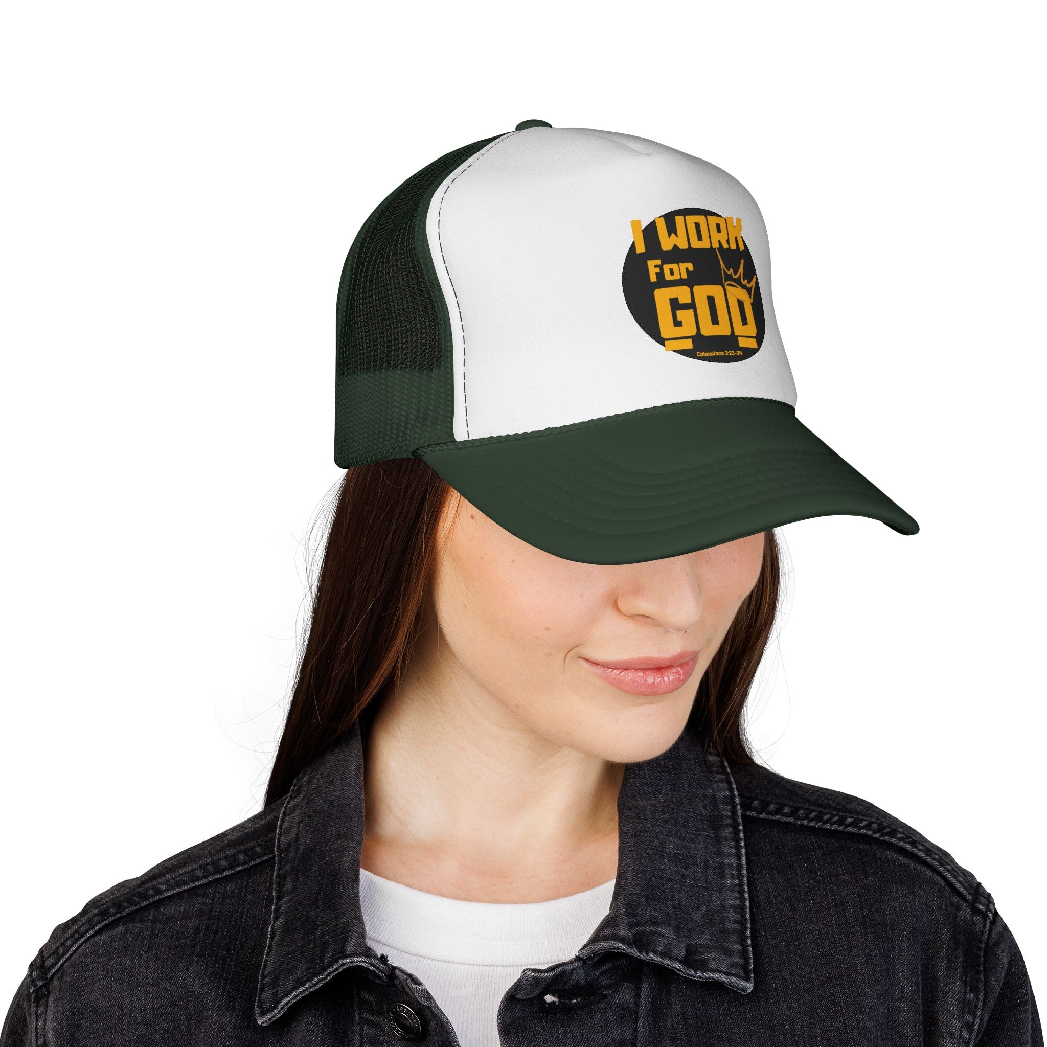 I Work For God Trucker Hat — Christian Mesh Cap, Faith-Based Religious Baseball Cap
