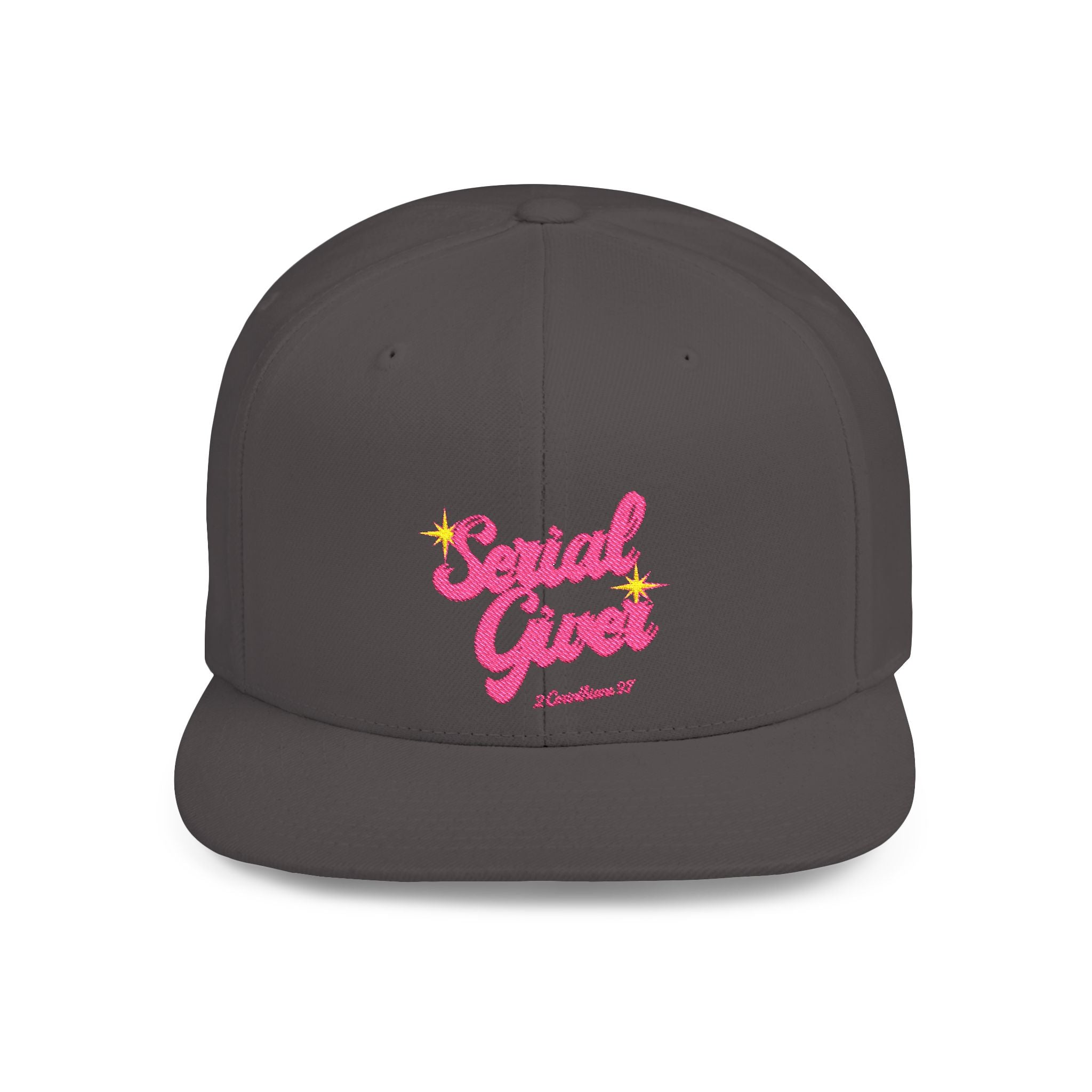 Serial Giver Snapback Hat — "God loves a cheerful giver. - 2 Corinthians 9:7" Pink Retro Script Flat Bill Cap
