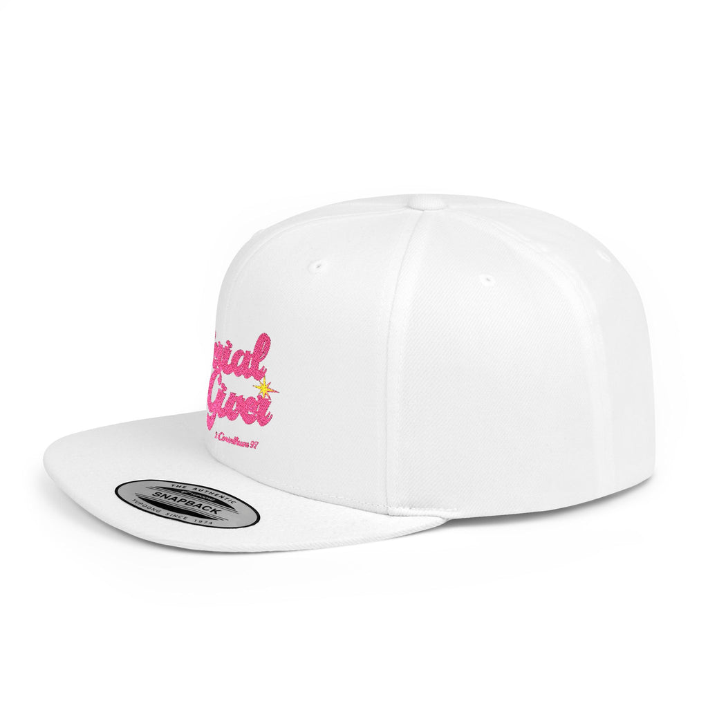 Serial Giver Snapback Hat — "God loves a cheerful giver. - 2 Corinthians 9:7" Pink Retro Script Flat Bill Cap