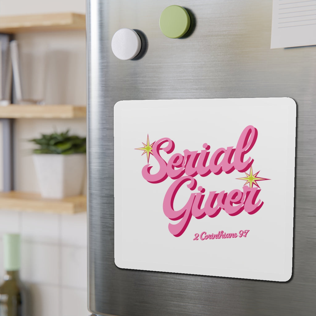 Serial Giver Pink Retro Script Magnet — 2 Corinthians 9:7 Die-Cut Magnet