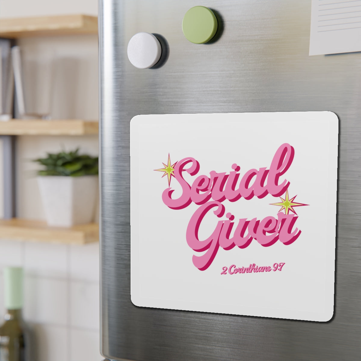 Serial Giver Pink Retro Script Magnet — 2 Corinthians 9:7 Die-Cut Magnet