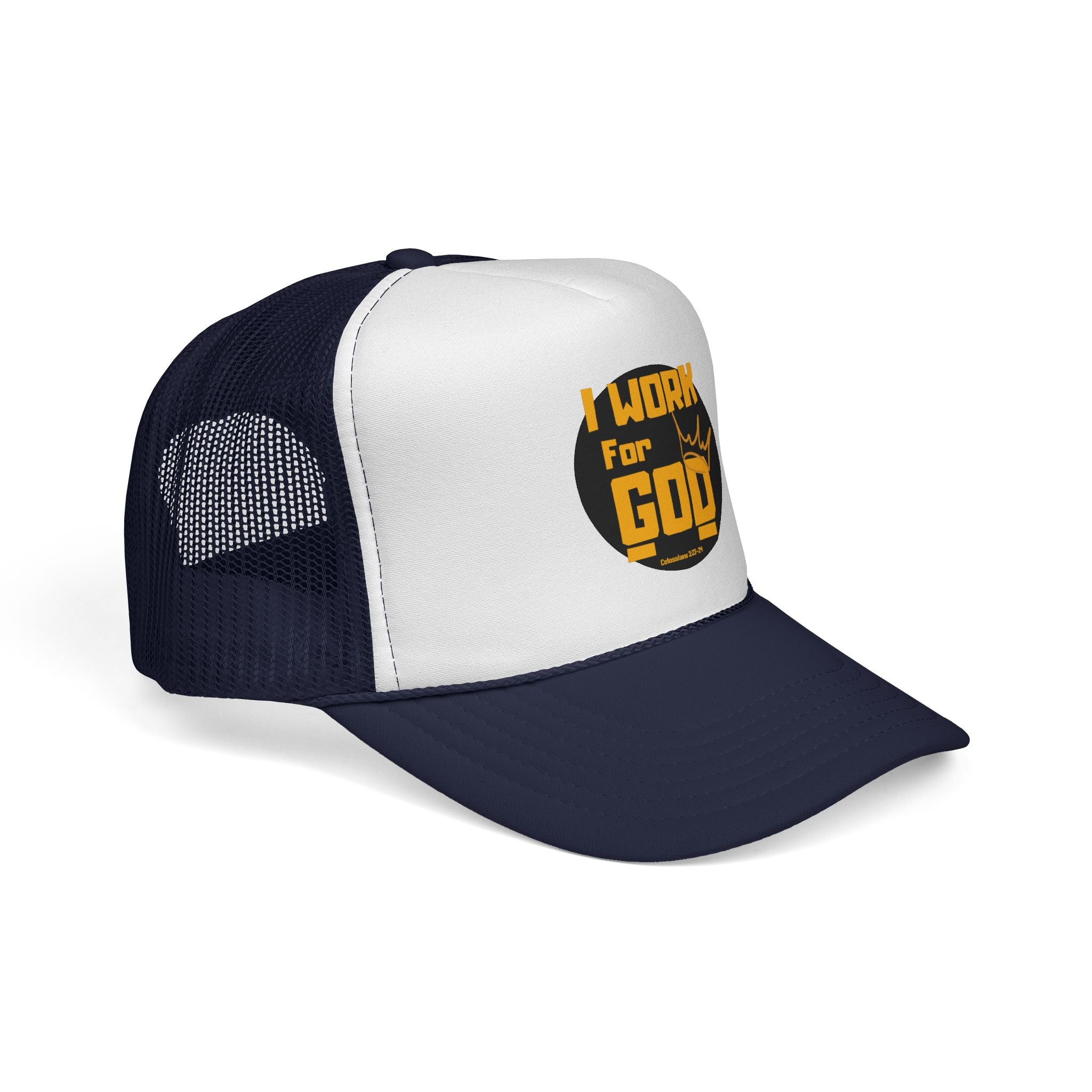 I Work For God Trucker Hat — Christian Mesh Cap, Faith-Based Religious Baseball Cap