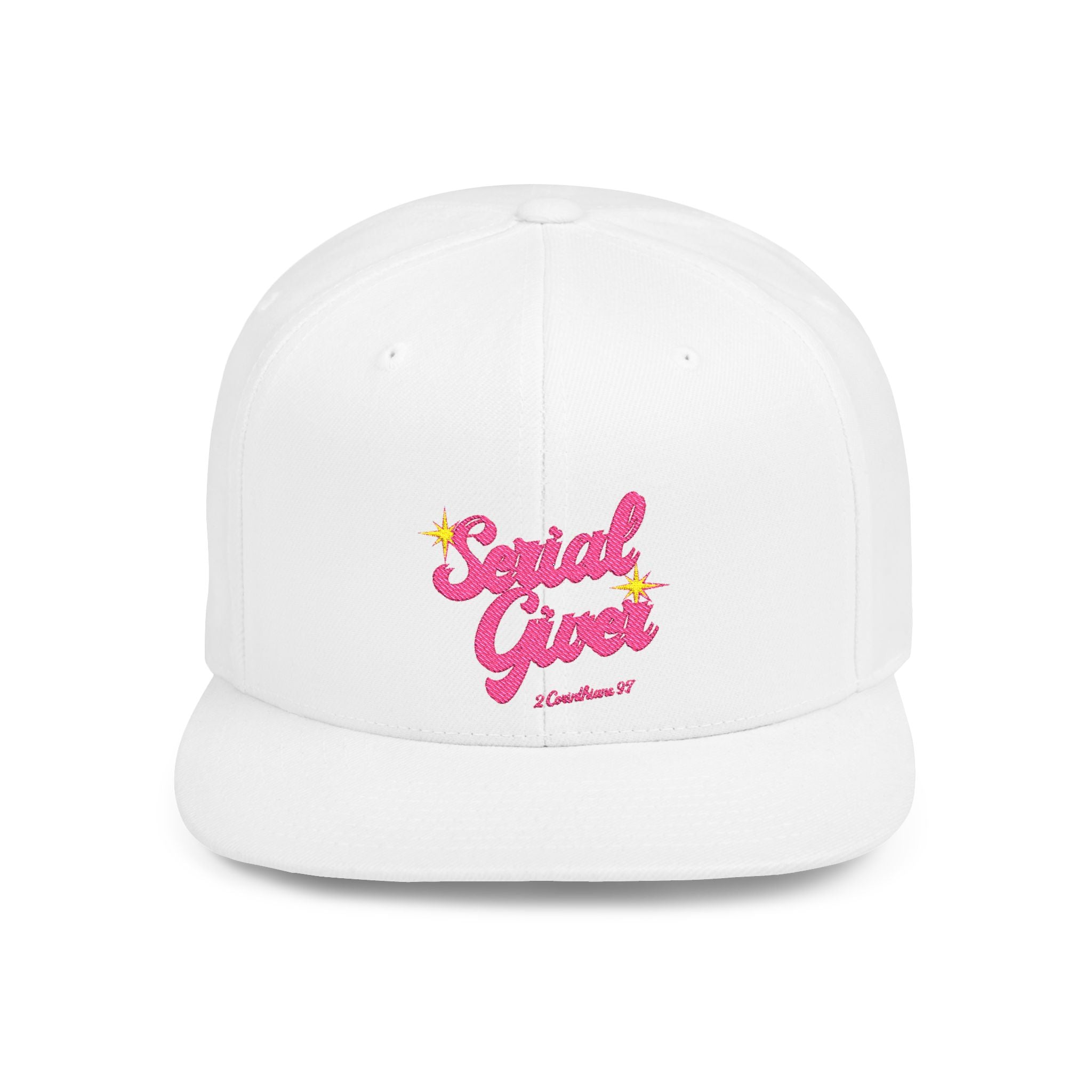 Serial Giver Snapback Hat — "God loves a cheerful giver. - 2 Corinthians 9:7" Pink Retro Script Flat Bill Cap
