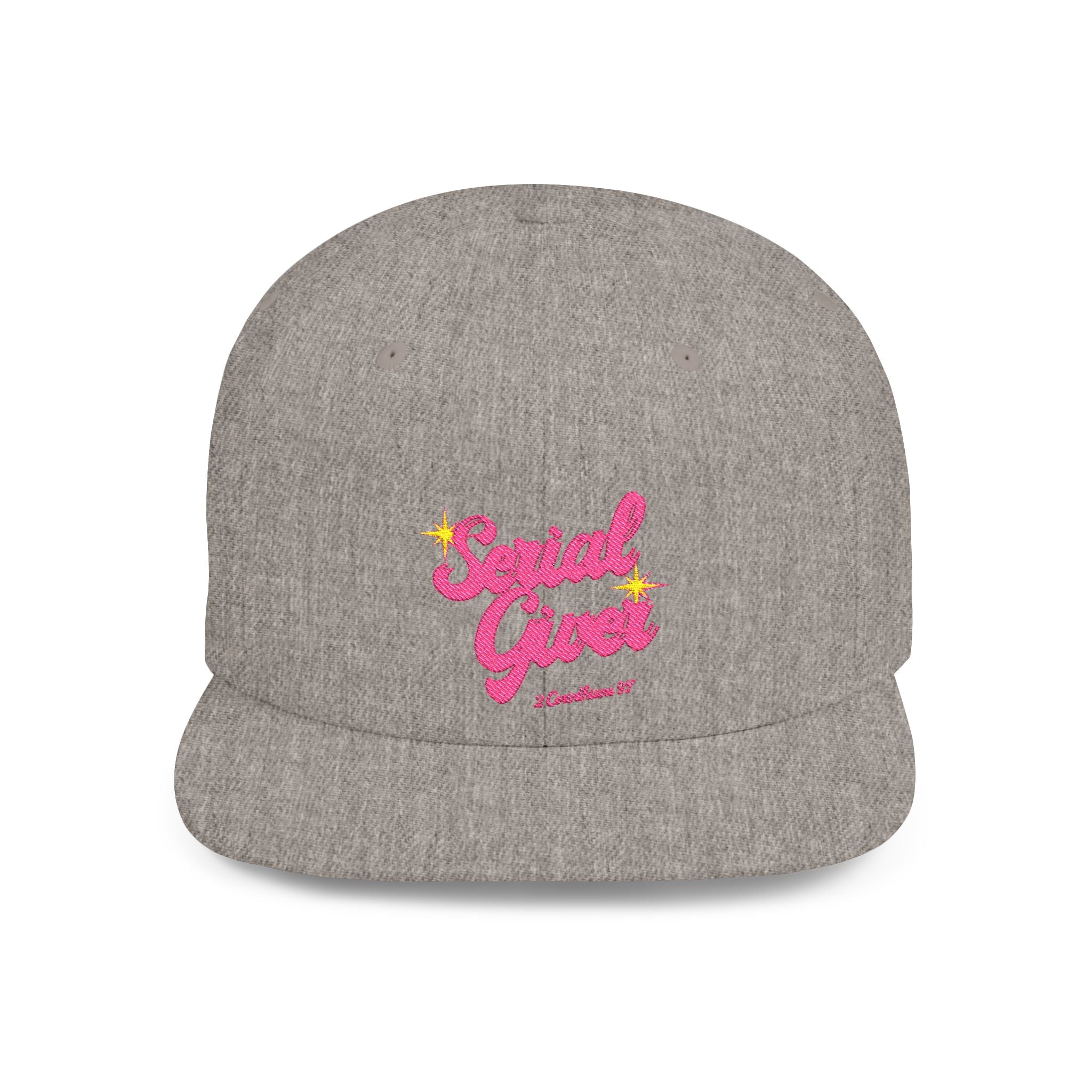 Serial Giver Snapback Hat — "God loves a cheerful giver. - 2 Corinthians 9:7" Pink Retro Script Flat Bill Cap