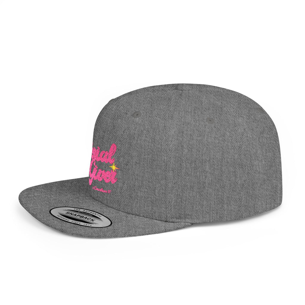 Serial Giver Snapback Hat — "God loves a cheerful giver. - 2 Corinthians 9:7" Pink Retro Script Flat Bill Cap