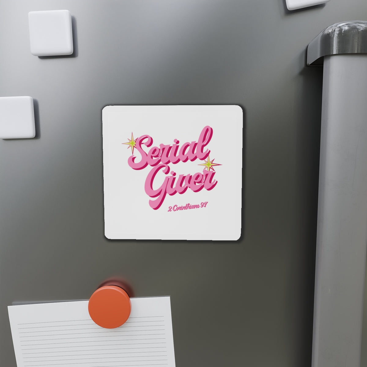 Serial Giver Pink Retro Script Magnet — 2 Corinthians 9:7 Die-Cut Magnet
