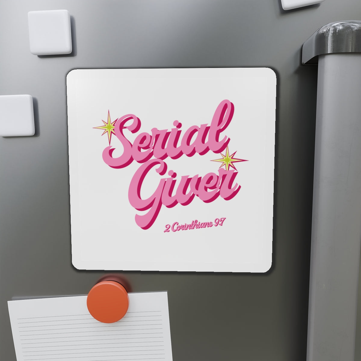 Serial Giver Pink Retro Script Magnet — 2 Corinthians 9:7 Die-Cut Magnet