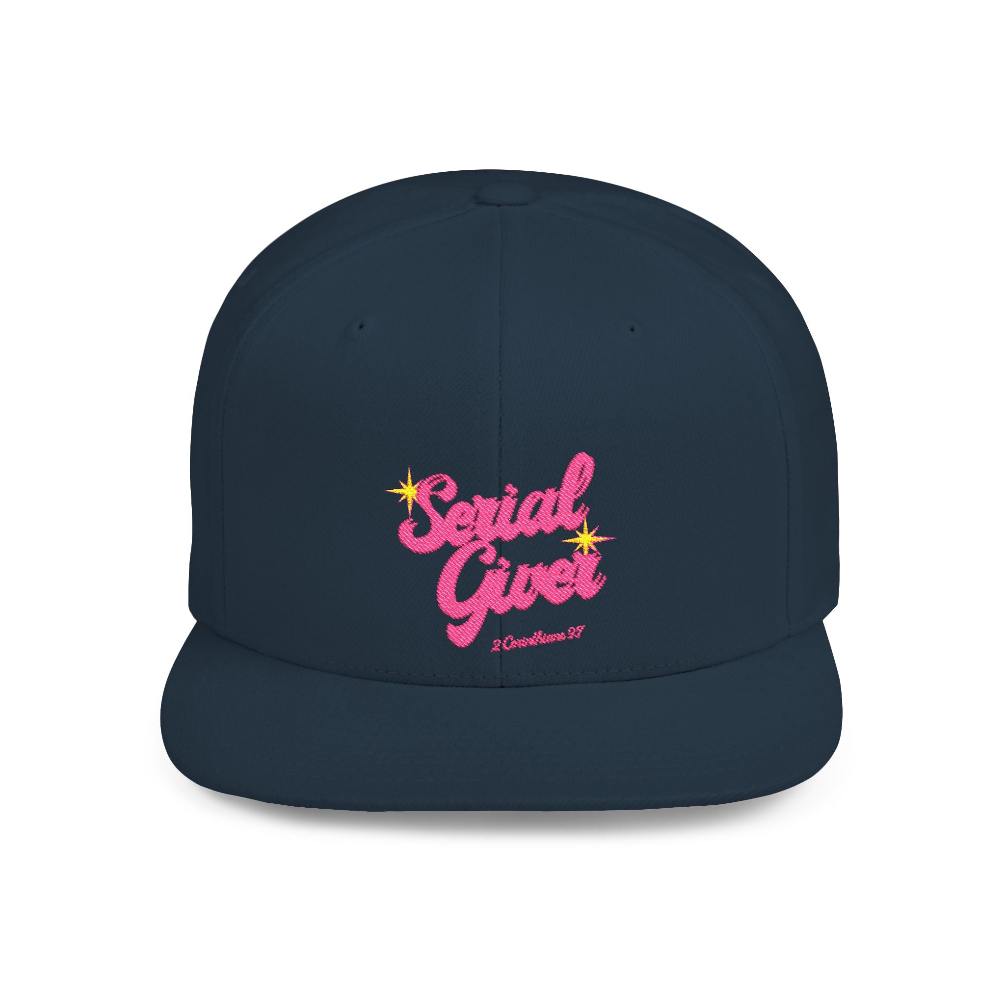 Serial Giver Snapback Hat — "God loves a cheerful giver. - 2 Corinthians 9:7" Pink Retro Script Flat Bill Cap