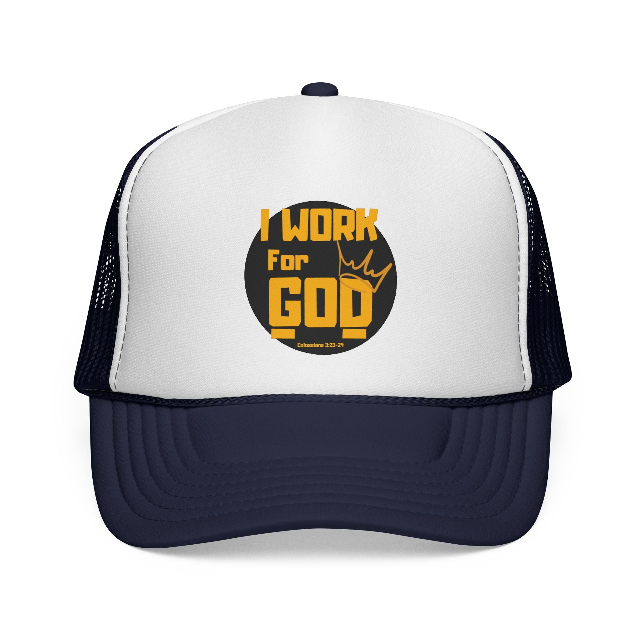 I Work For God Trucker Hat — Christian Mesh Cap, Faith-Based Religious Baseball Cap