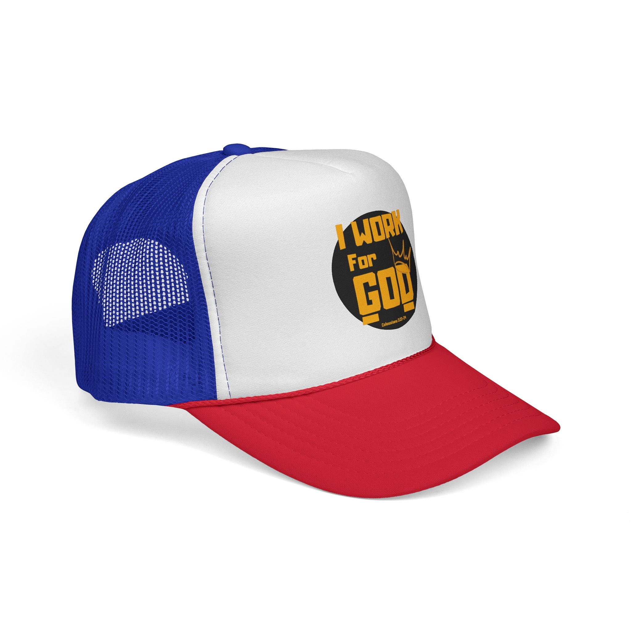 I Work For God Trucker Hat — Christian Mesh Cap, Faith-Based Religious Baseball Cap