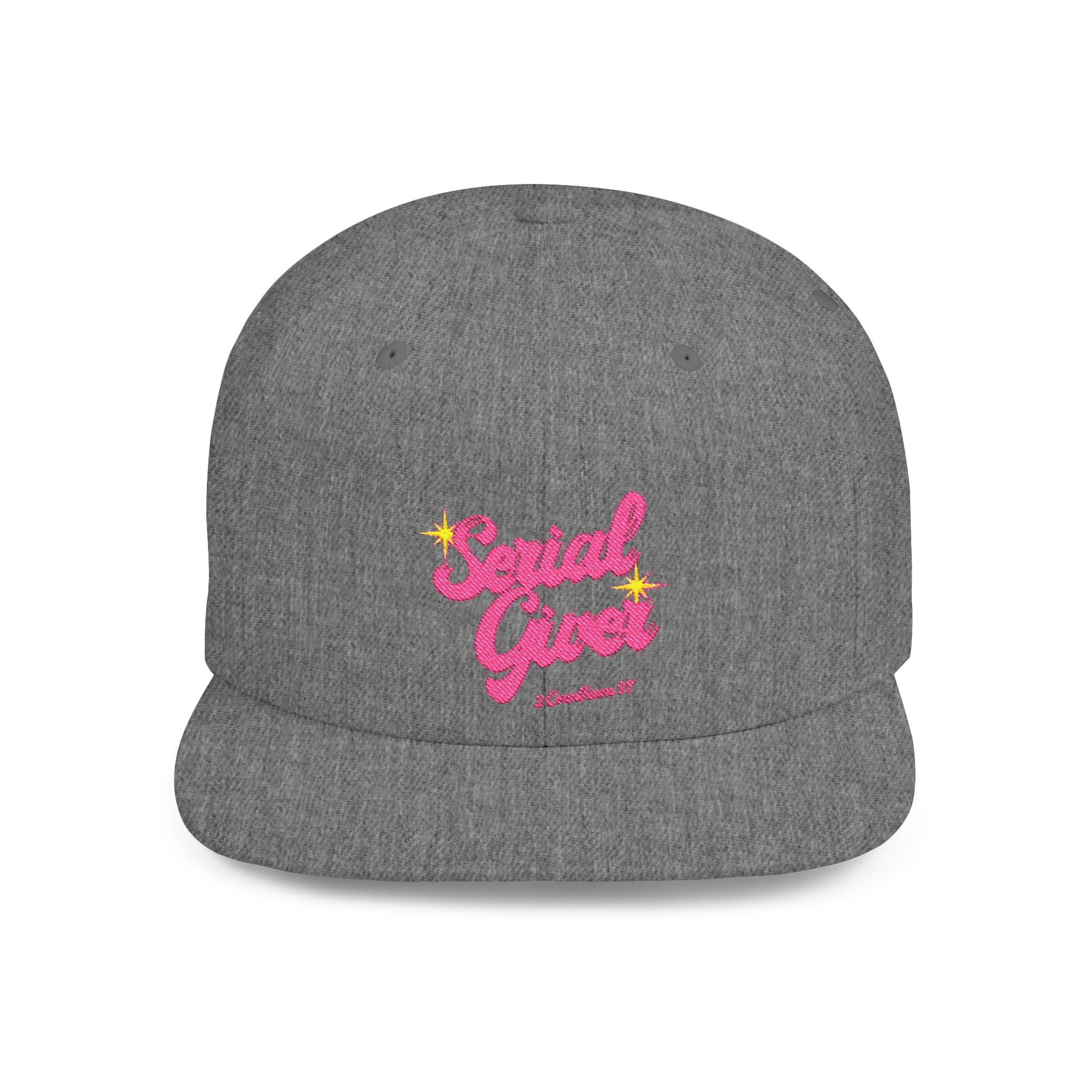 Serial Giver Snapback Hat — "God loves a cheerful giver. - 2 Corinthians 9:7" Pink Retro Script Flat Bill Cap