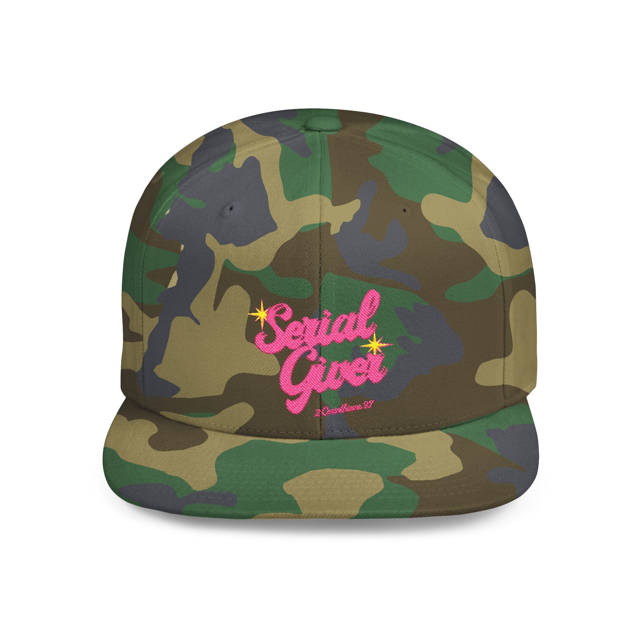 Serial Giver Snapback Hat — "God loves a cheerful giver. - 2 Corinthians 9:7" Pink Retro Script Flat Bill Cap