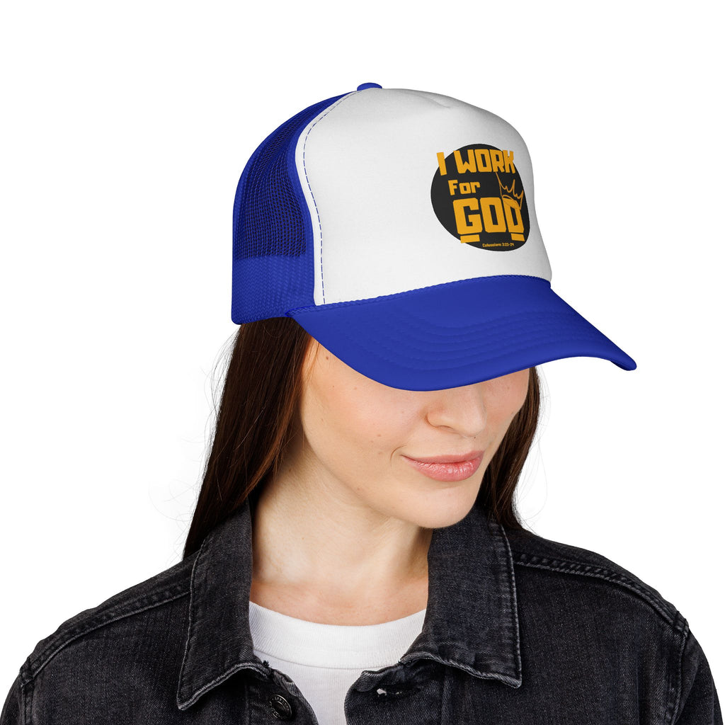 I Work For God Trucker Hat — Christian Mesh Cap, Faith-Based Religious Baseball Cap