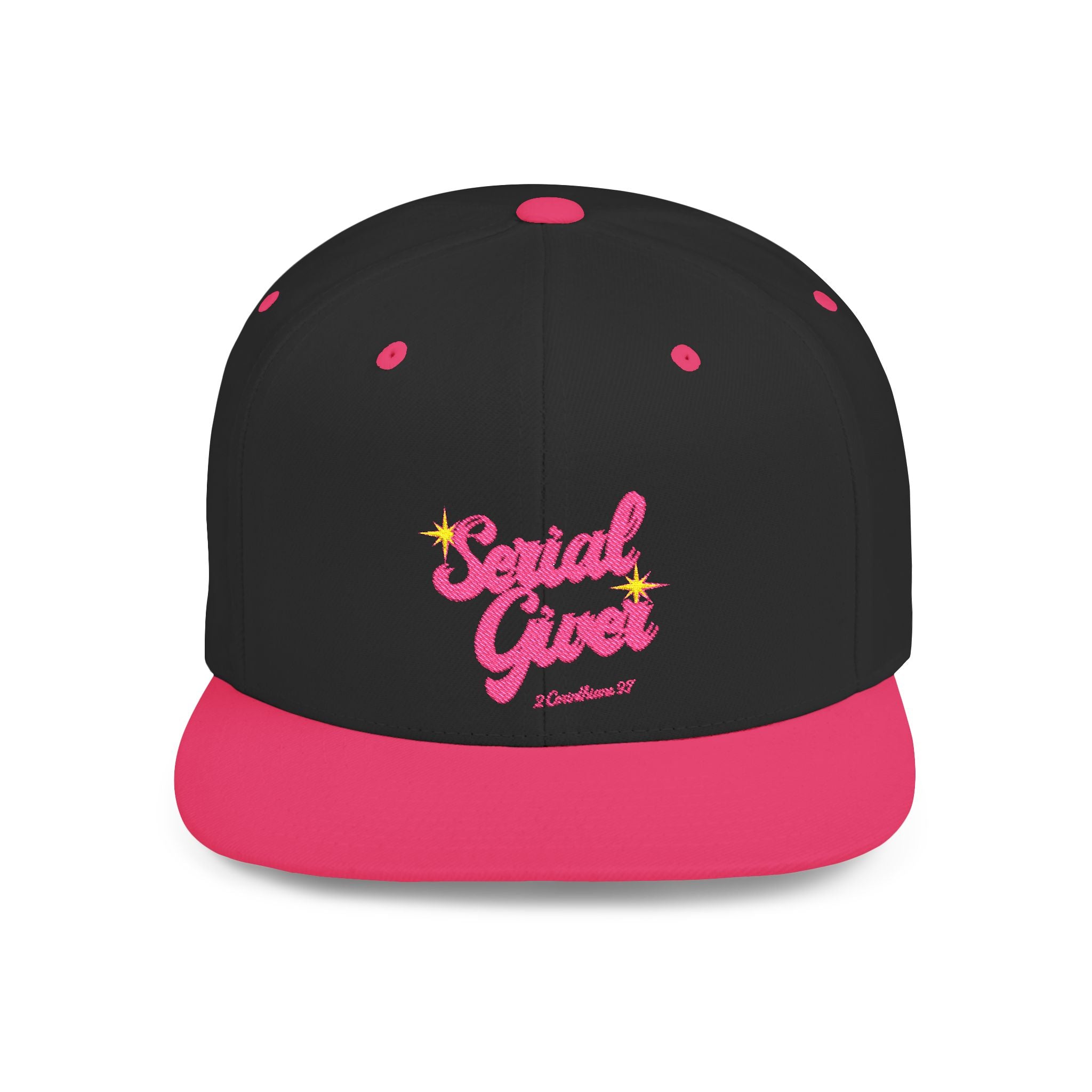 Serial Giver Snapback Hat — "God loves a cheerful giver. - 2 Corinthians 9:7" Pink Retro Script Flat Bill Cap