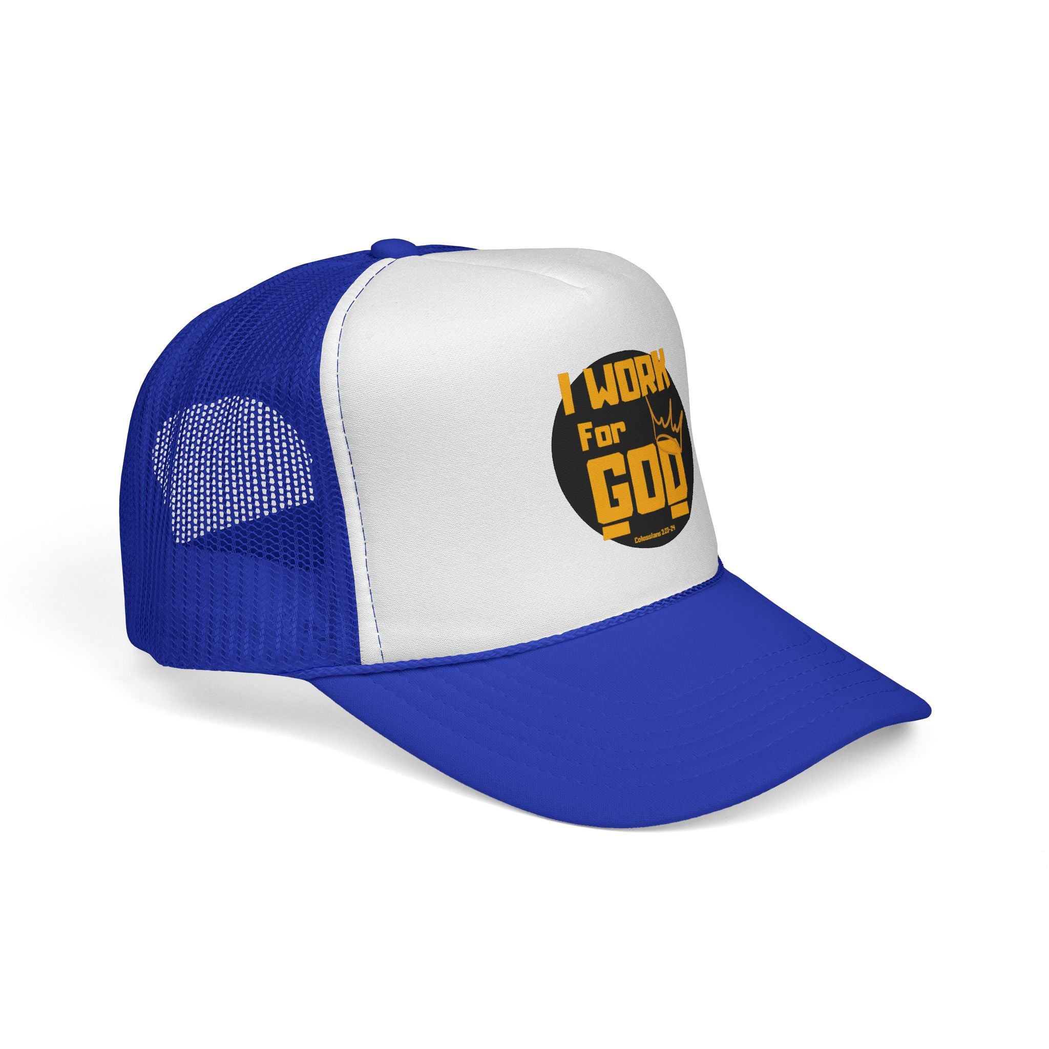 I Work For God Trucker Hat — Christian Mesh Cap, Faith-Based Religious Baseball Cap