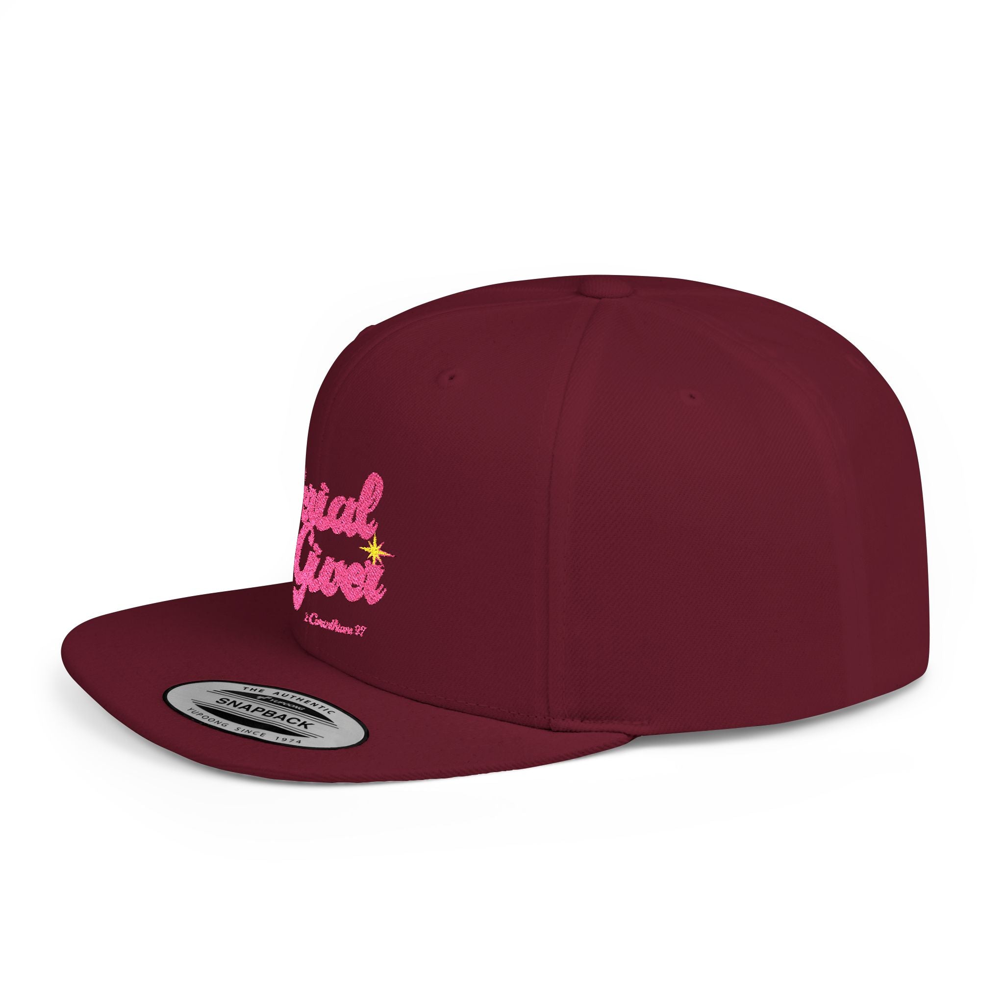 Serial Giver Snapback Hat — "God loves a cheerful giver. - 2 Corinthians 9:7" Pink Retro Script Flat Bill Cap