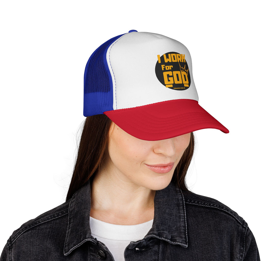 I Work For God Trucker Hat — Christian Mesh Cap, Faith-Based Religious Baseball Cap