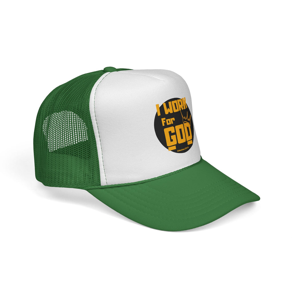 I Work For God Trucker Hat — Christian Mesh Cap, Faith-Based Religious Baseball Cap