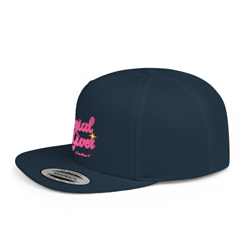 Serial Giver Snapback Hat — "God loves a cheerful giver. - 2 Corinthians 9:7" Pink Retro Script Flat Bill Cap