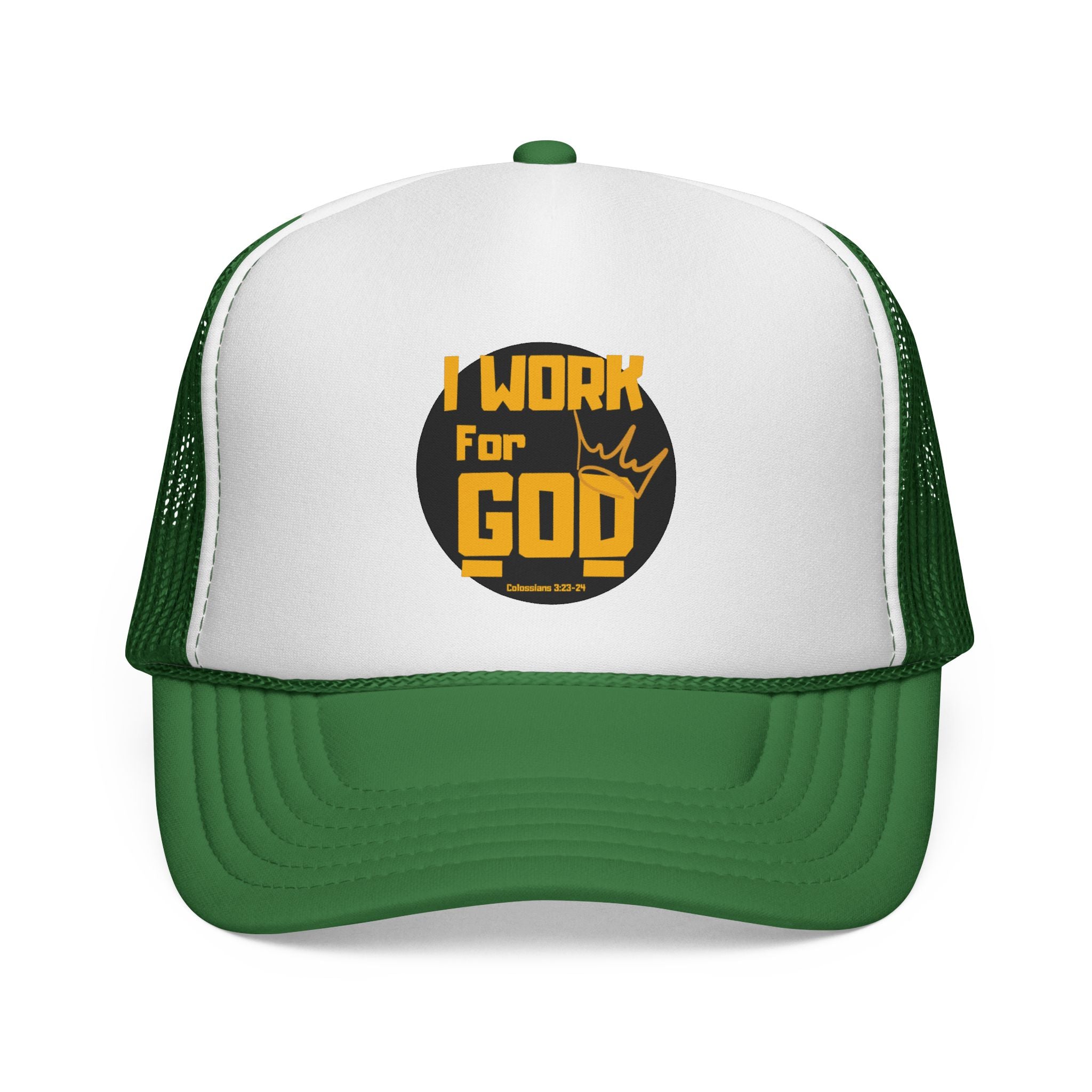 I Work For God Trucker Hat — Christian Mesh Cap, Faith-Based Religious Baseball Cap
