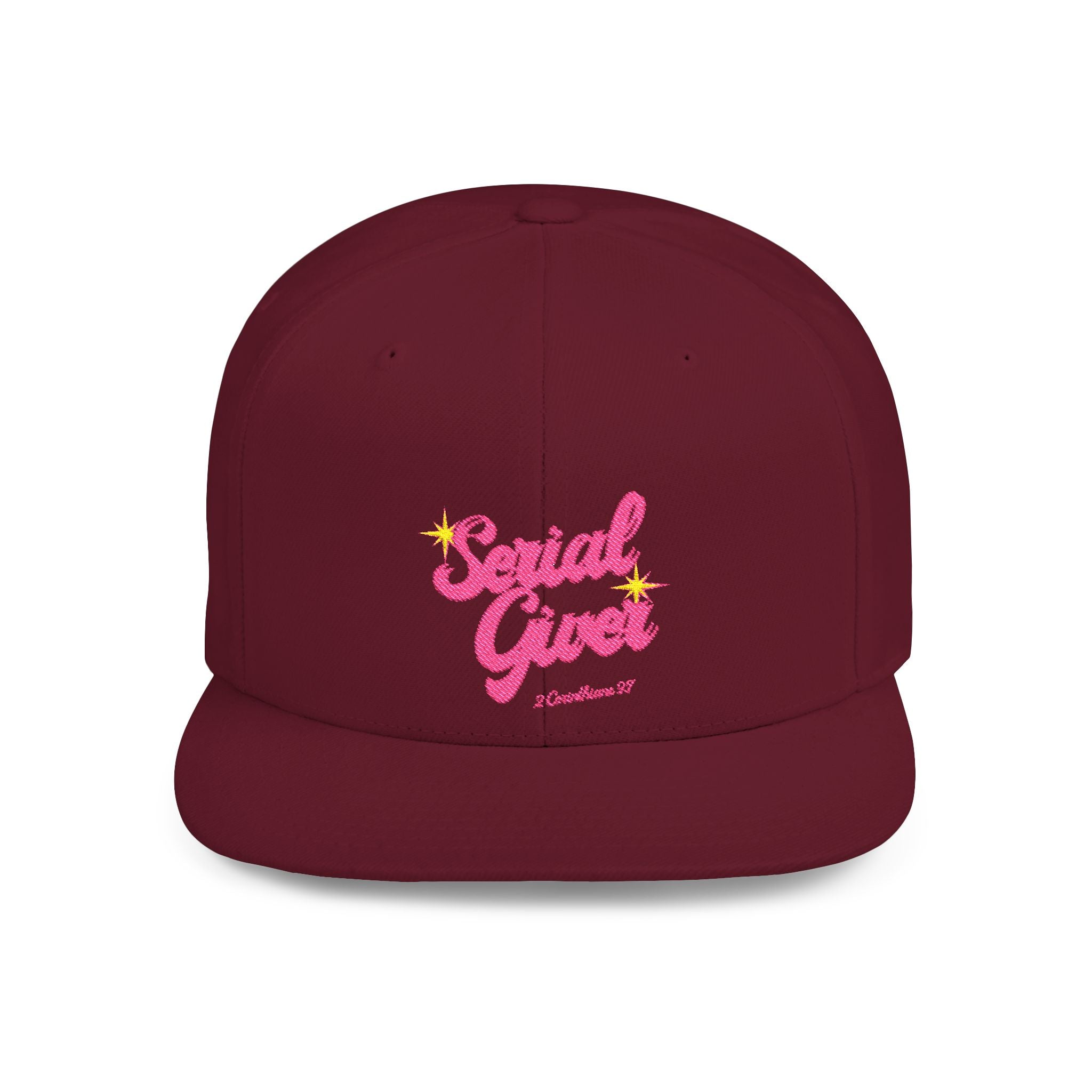 Serial Giver Snapback Hat — "God loves a cheerful giver. - 2 Corinthians 9:7" Pink Retro Script Flat Bill Cap