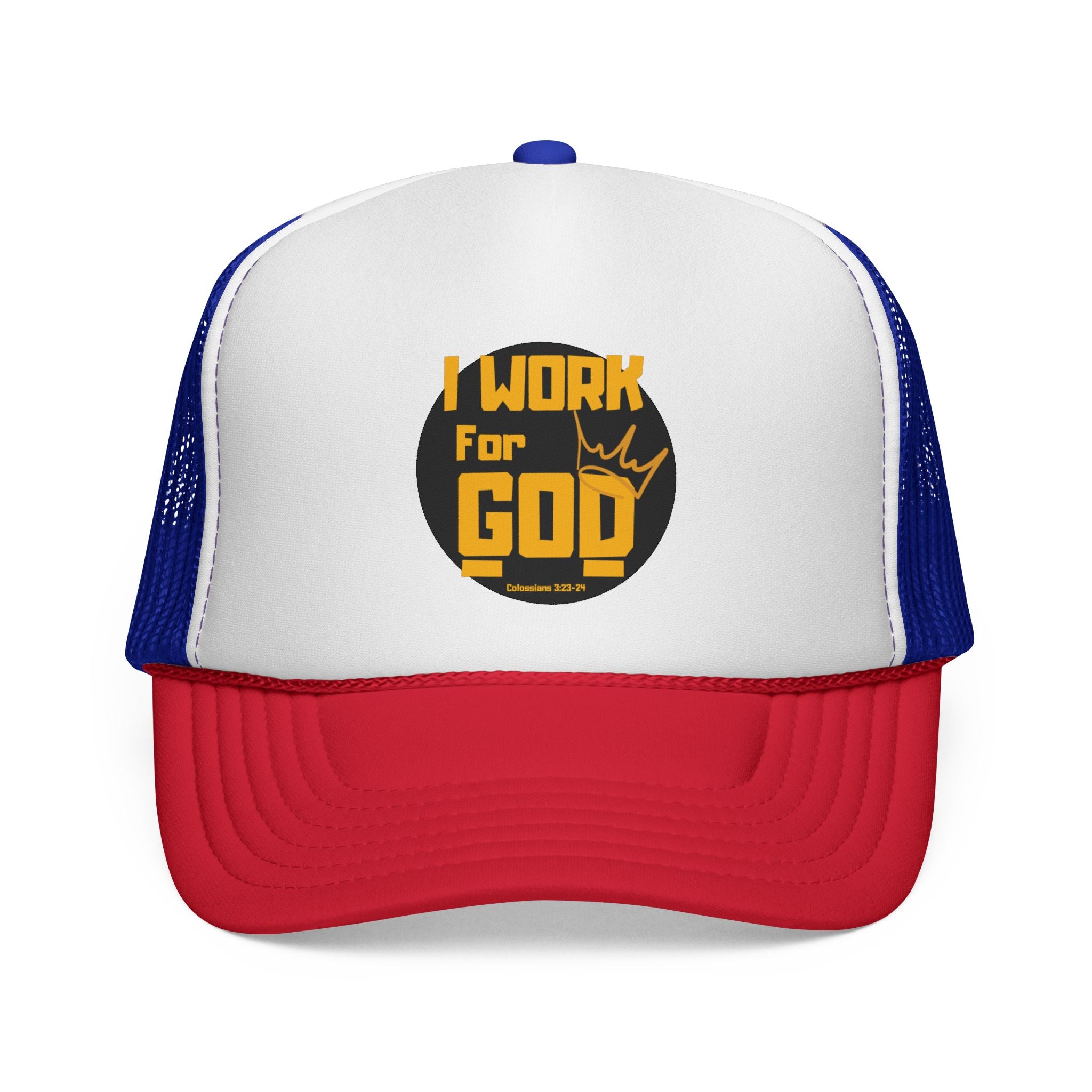 I Work For God Trucker Hat — Christian Mesh Cap, Faith-Based Religious Baseball Cap