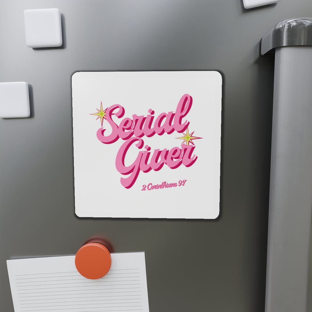 Serial Giver Pink Retro Script Magnet — 2 Corinthians 9:7 Die-Cut Magnet