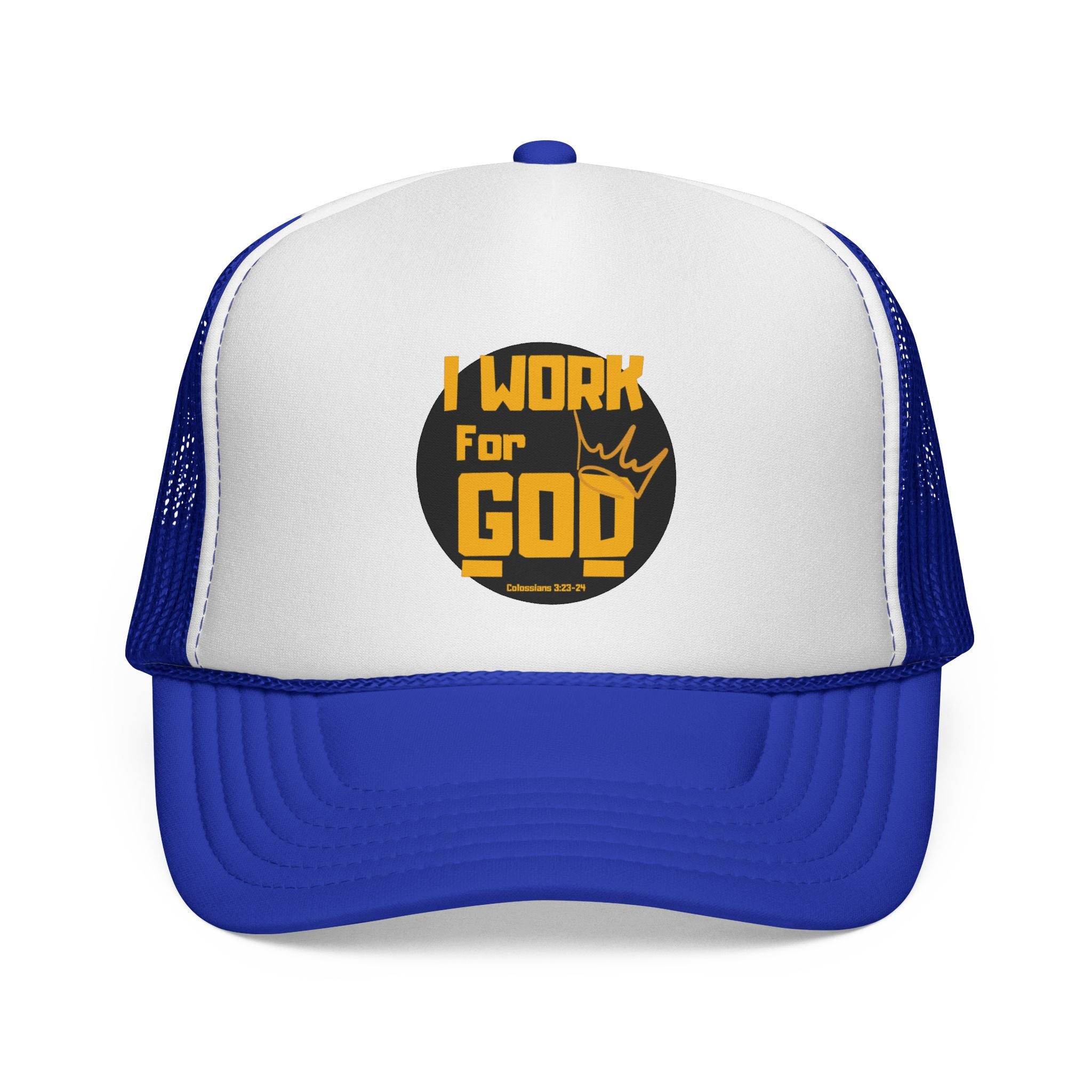 I Work For God Trucker Hat — Christian Mesh Cap, Faith-Based Religious Baseball Cap