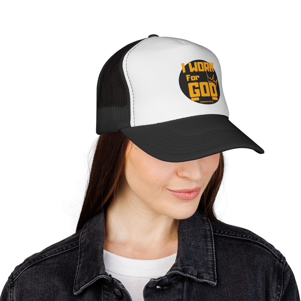 I Work For God Trucker Hat — Christian Mesh Cap, Faith-Based Religious Baseball Cap