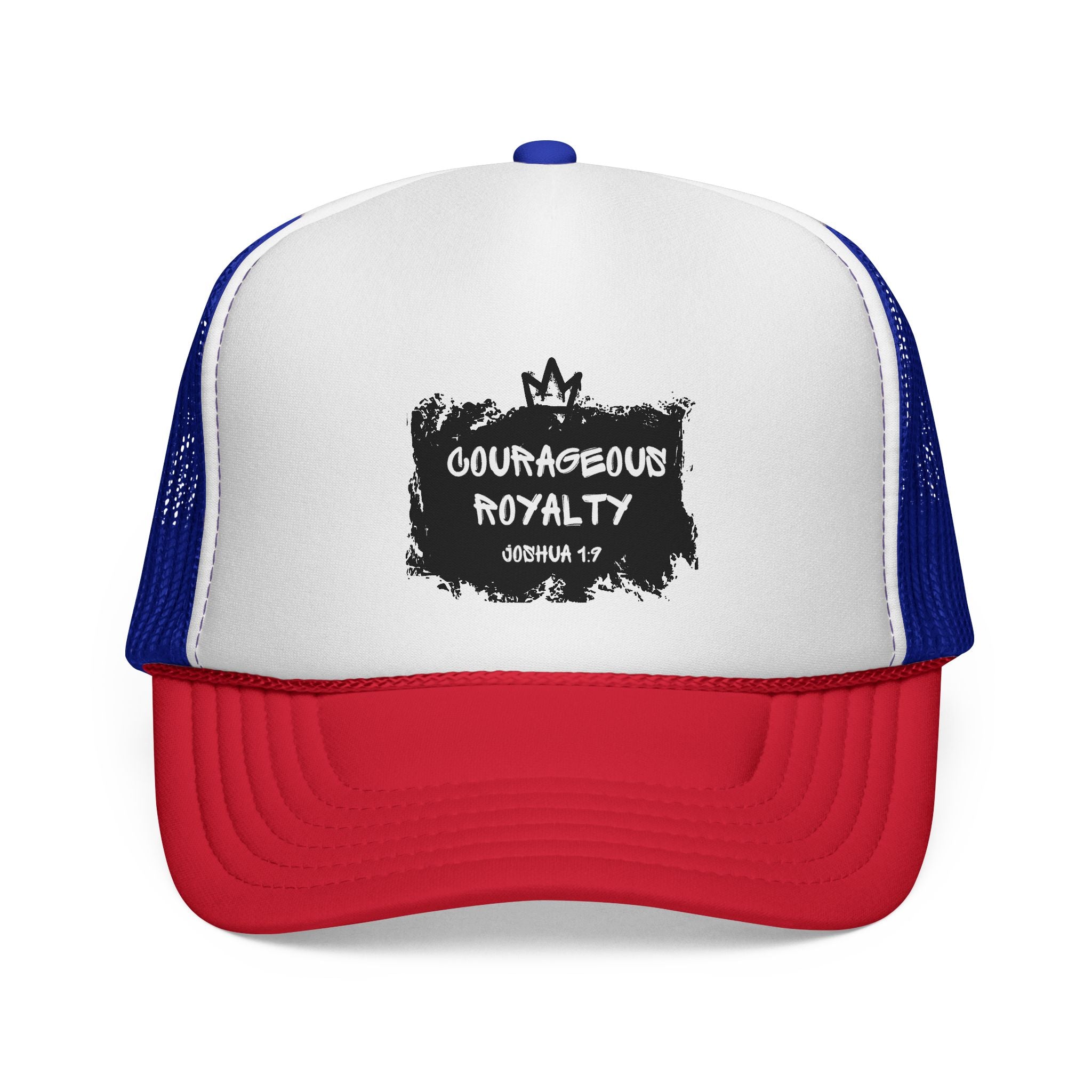 Courageous Royalty Trucker Cap – Patriotic Mesh Hat with Joshua 1:9 Design