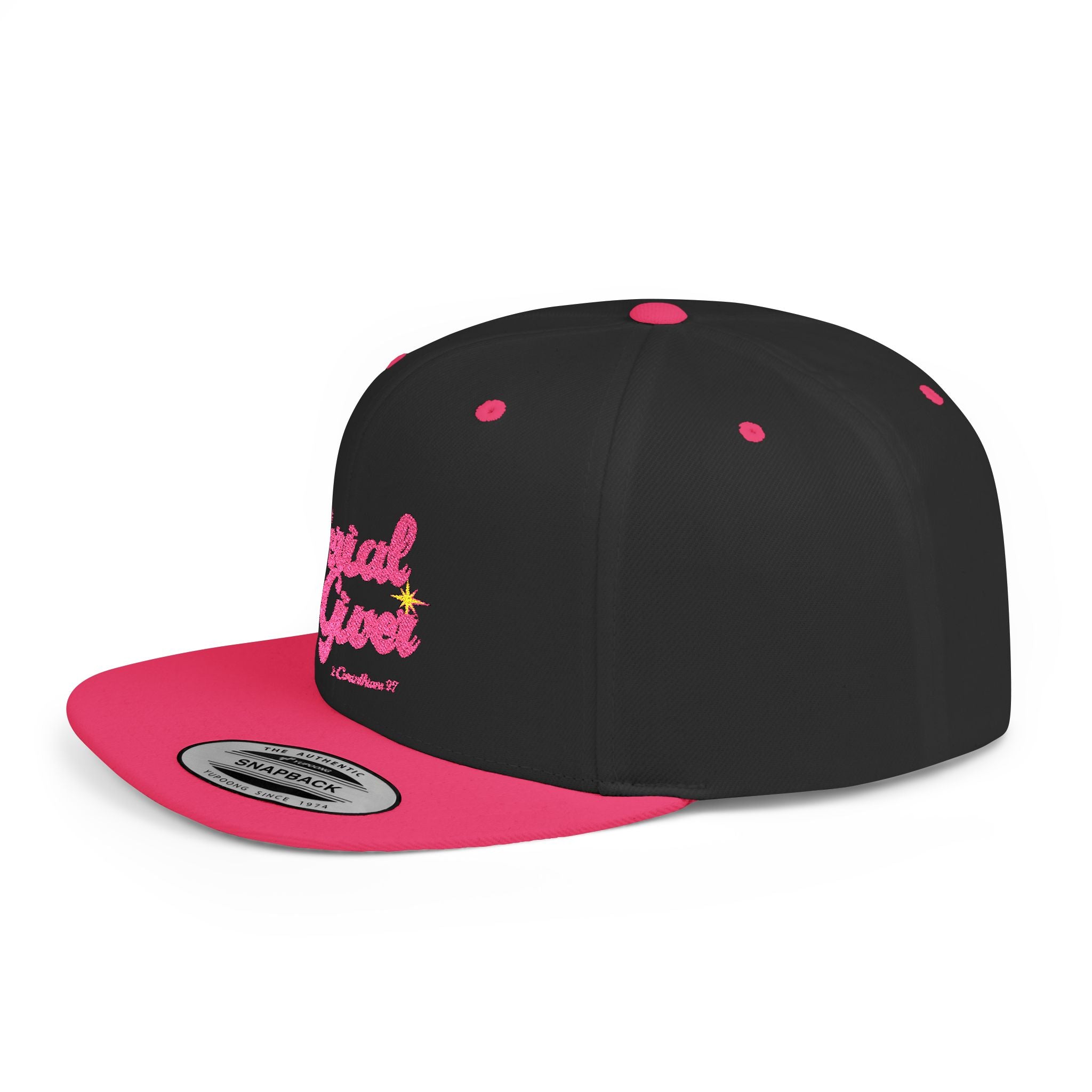 Serial Giver Snapback Hat — "God loves a cheerful giver. - 2 Corinthians 9:7" Pink Retro Script Flat Bill Cap