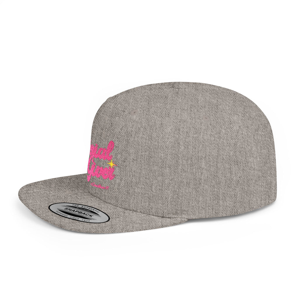 Serial Giver Snapback Hat — "God loves a cheerful giver. - 2 Corinthians 9:7" Pink Retro Script Flat Bill Cap