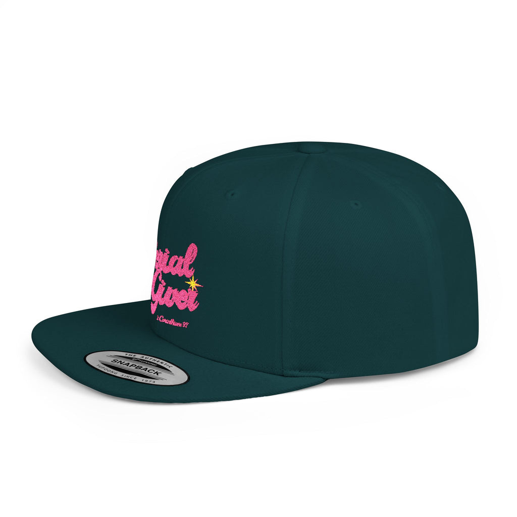 Serial Giver Snapback Hat — "God loves a cheerful giver. - 2 Corinthians 9:7" Pink Retro Script Flat Bill Cap