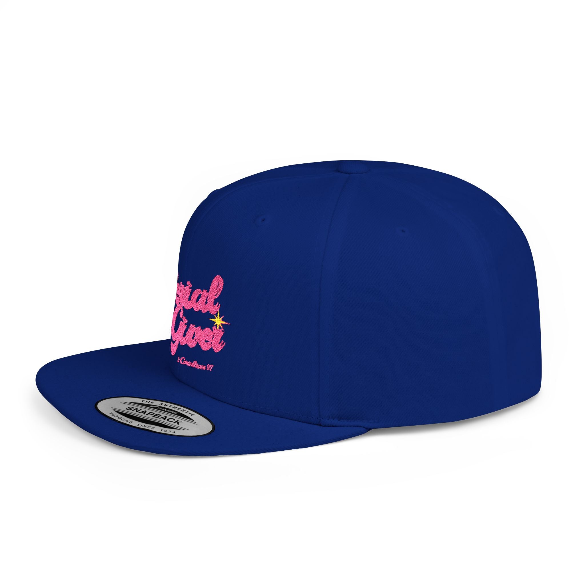 Serial Giver Snapback Hat — "God loves a cheerful giver. - 2 Corinthians 9:7" Pink Retro Script Flat Bill Cap