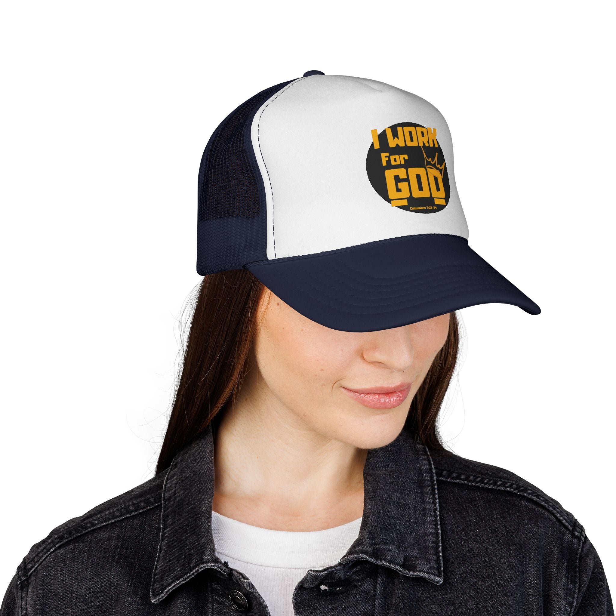 I Work For God Trucker Hat — Christian Mesh Cap, Faith-Based Religious Baseball Cap
