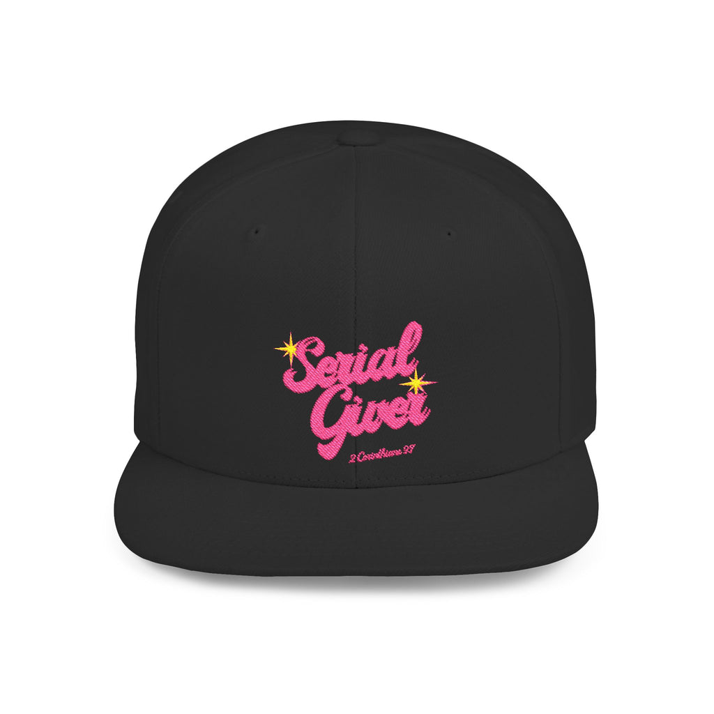 Serial Giver Snapback Hat — "God loves a cheerful giver. - 2 Corinthians 9:7" Pink Retro Script Flat Bill Cap