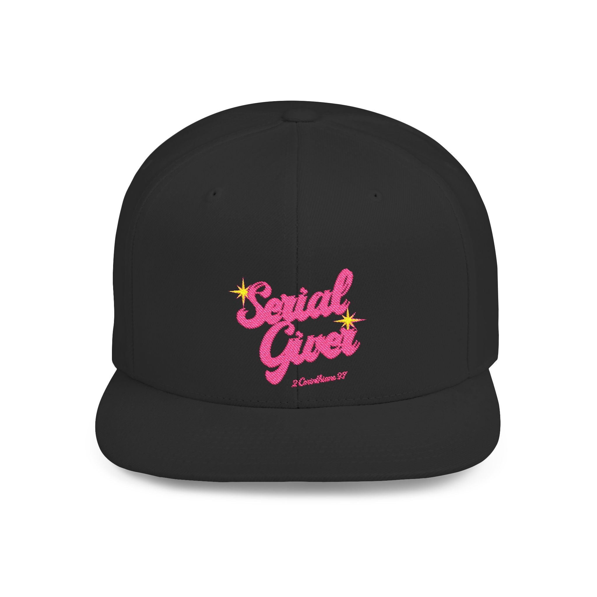 Serial Giver Snapback Hat — "God loves a cheerful giver. - 2 Corinthians 9:7" Pink Retro Script Flat Bill Cap