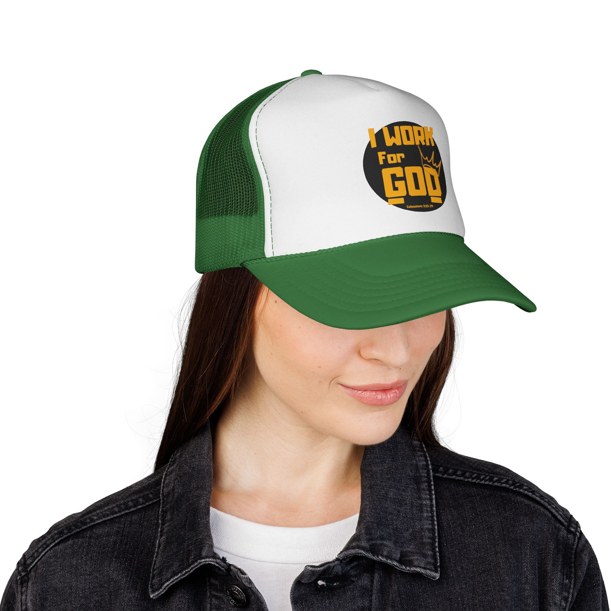 I Work For God Trucker Hat — Christian Mesh Cap, Faith-Based Religious Baseball Cap