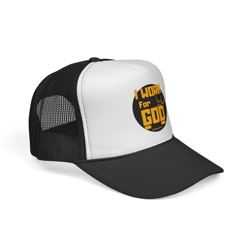 I Work For God Trucker Hat — Christian Mesh Cap, Faith-Based Religious Baseball Cap