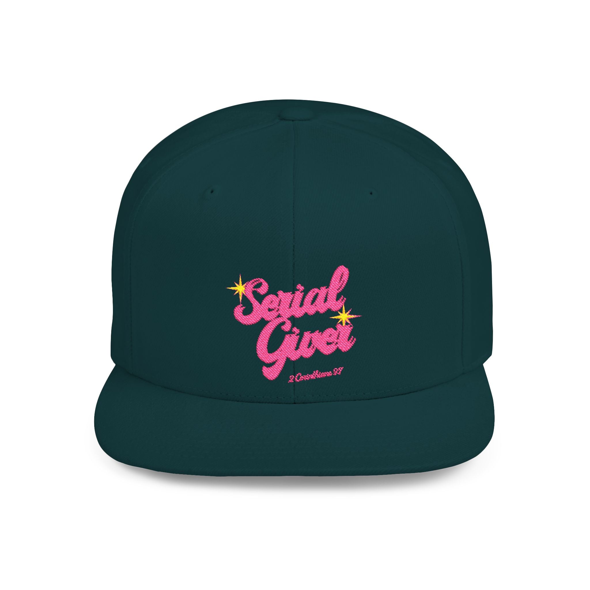 Serial Giver Snapback Hat — "God loves a cheerful giver. - 2 Corinthians 9:7" Pink Retro Script Flat Bill Cap