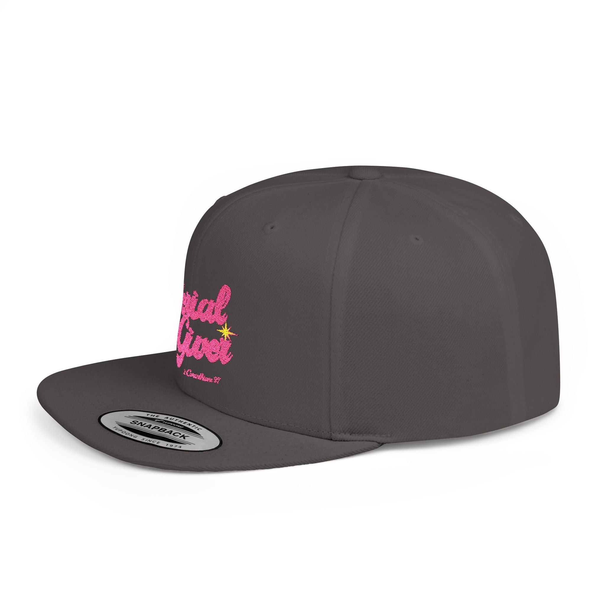 Serial Giver Snapback Hat — "God loves a cheerful giver. - 2 Corinthians 9:7" Pink Retro Script Flat Bill Cap