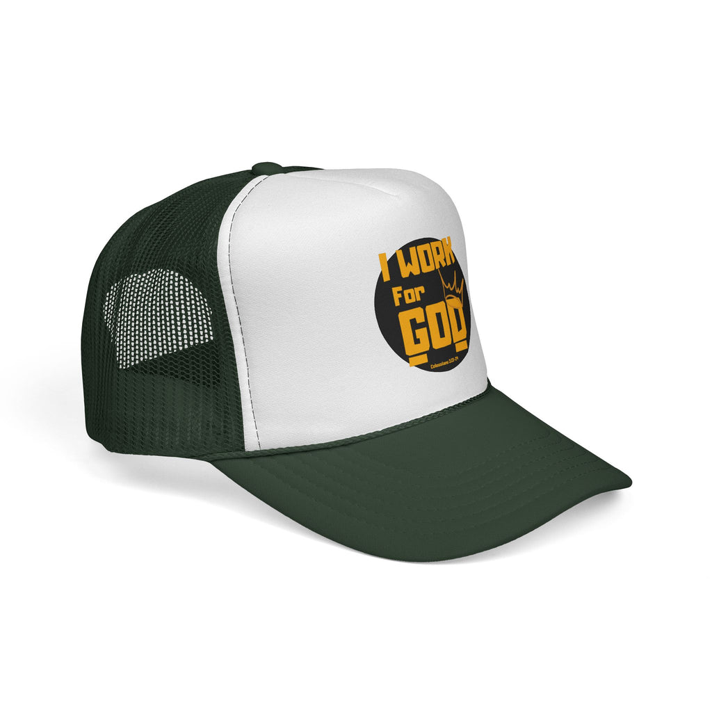 I Work For God Trucker Hat — Christian Mesh Cap, Faith-Based Religious Baseball Cap