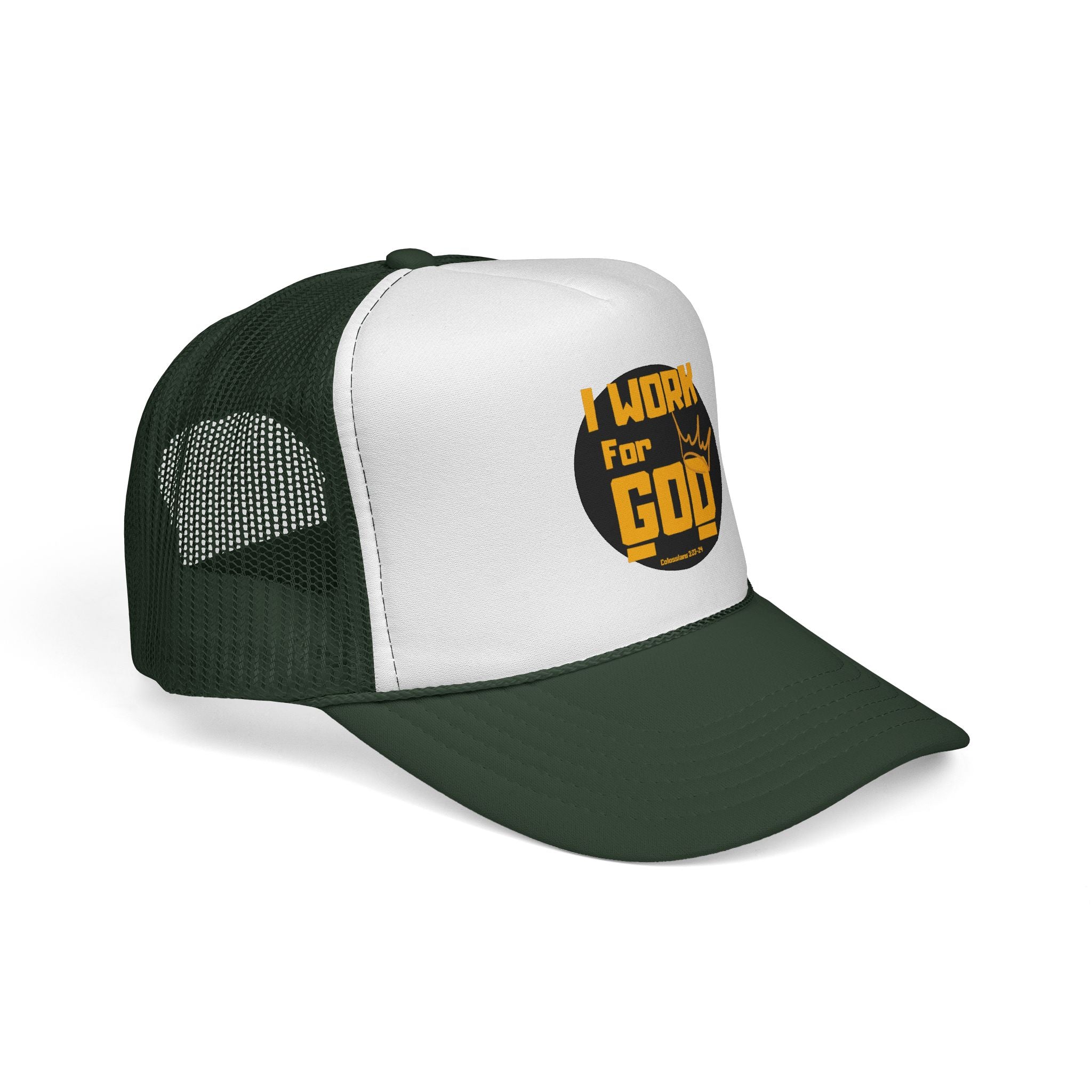 I Work For God Trucker Hat — Christian Mesh Cap, Faith-Based Religious Baseball Cap