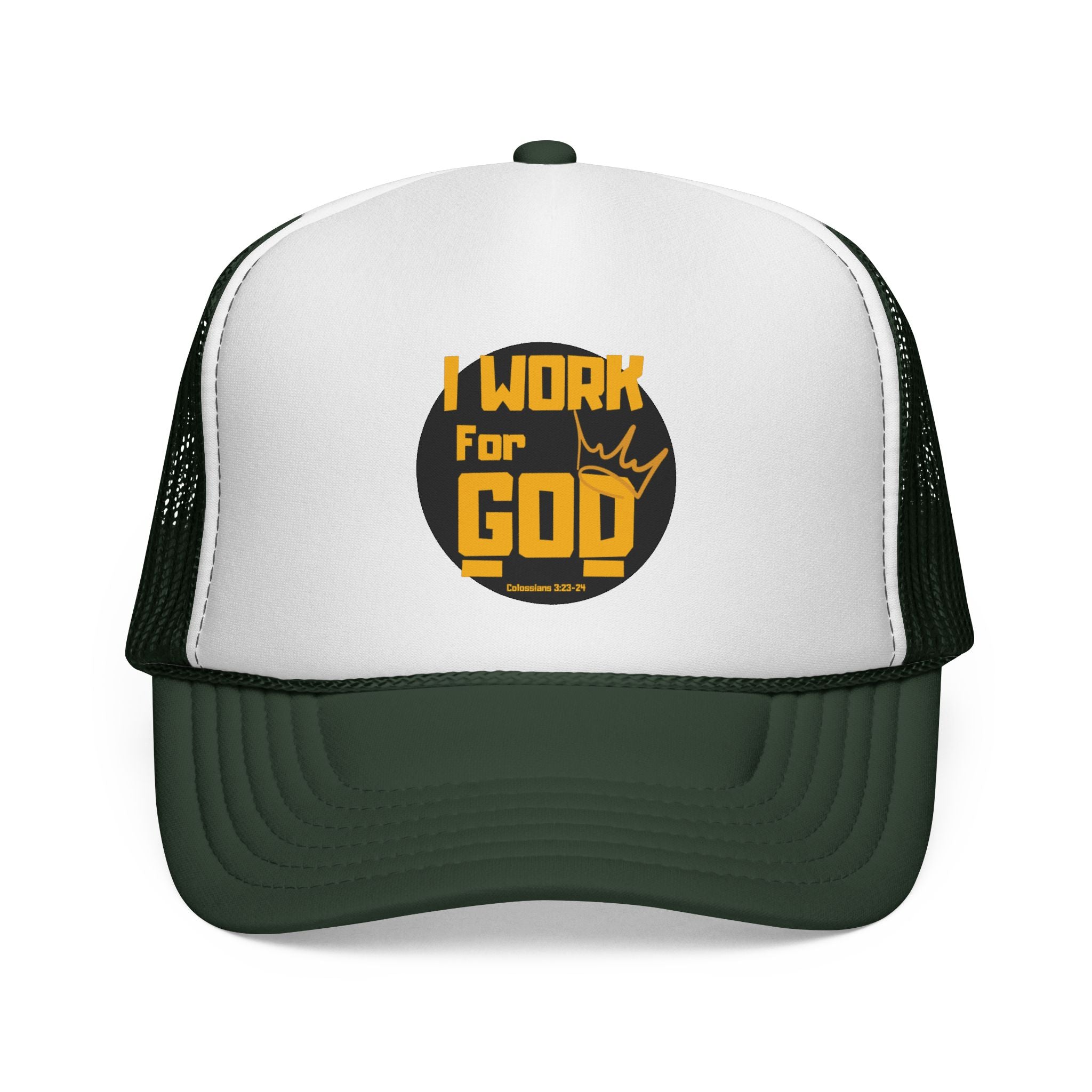 I Work For God Trucker Hat — Christian Mesh Cap, Faith-Based Religious Baseball Cap