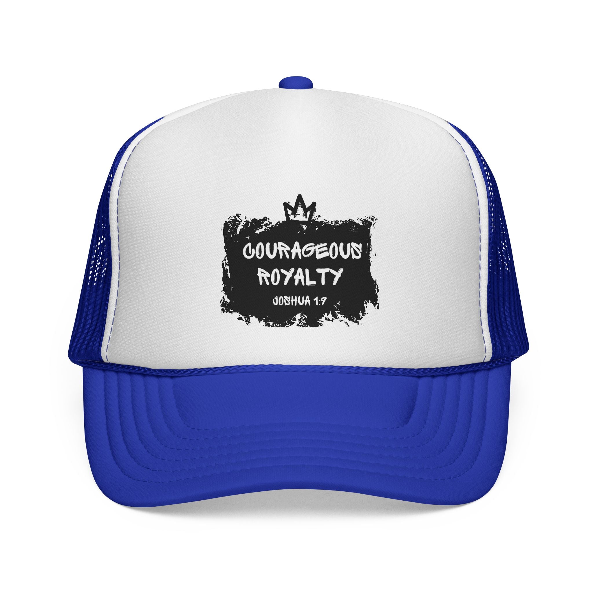 Courageous Royalty Trucker Cap – Patriotic Mesh Hat with Joshua 1:9 Design