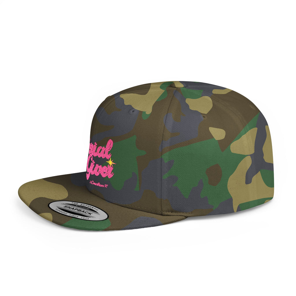 Serial Giver Snapback Hat — "God loves a cheerful giver. - 2 Corinthians 9:7" Pink Retro Script Flat Bill Cap